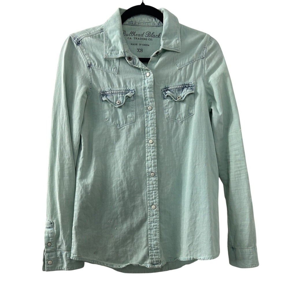 Bullhead Black Denim Western Shirt XS Blue Snap Pocket Coastal Cowgirl Boho